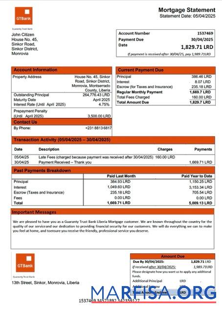 Printable Liberia Guaranty Trust Bank Liberia mortgage statement Word and PDF template